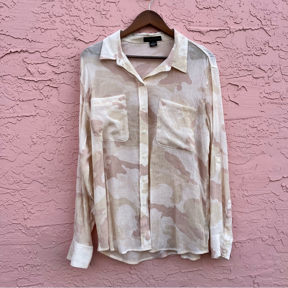 Anthropologie Sanctuary Boyfriend Shirt Blouse Button Up Semi-Sheer Camo Medium